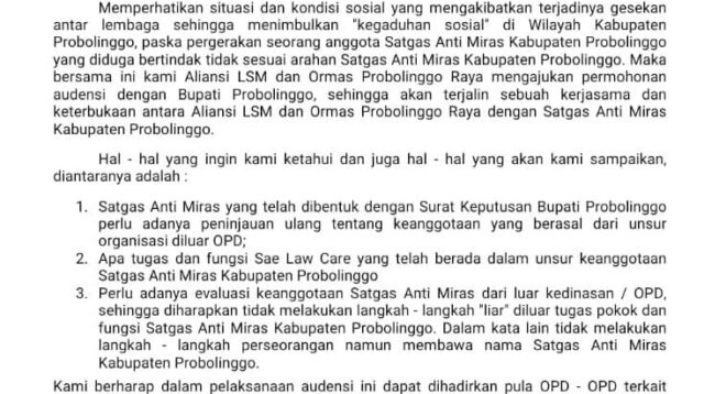 Aliansi LSM Probolinggo Ajukan Audiensi Terkait Satgas Anti Miras