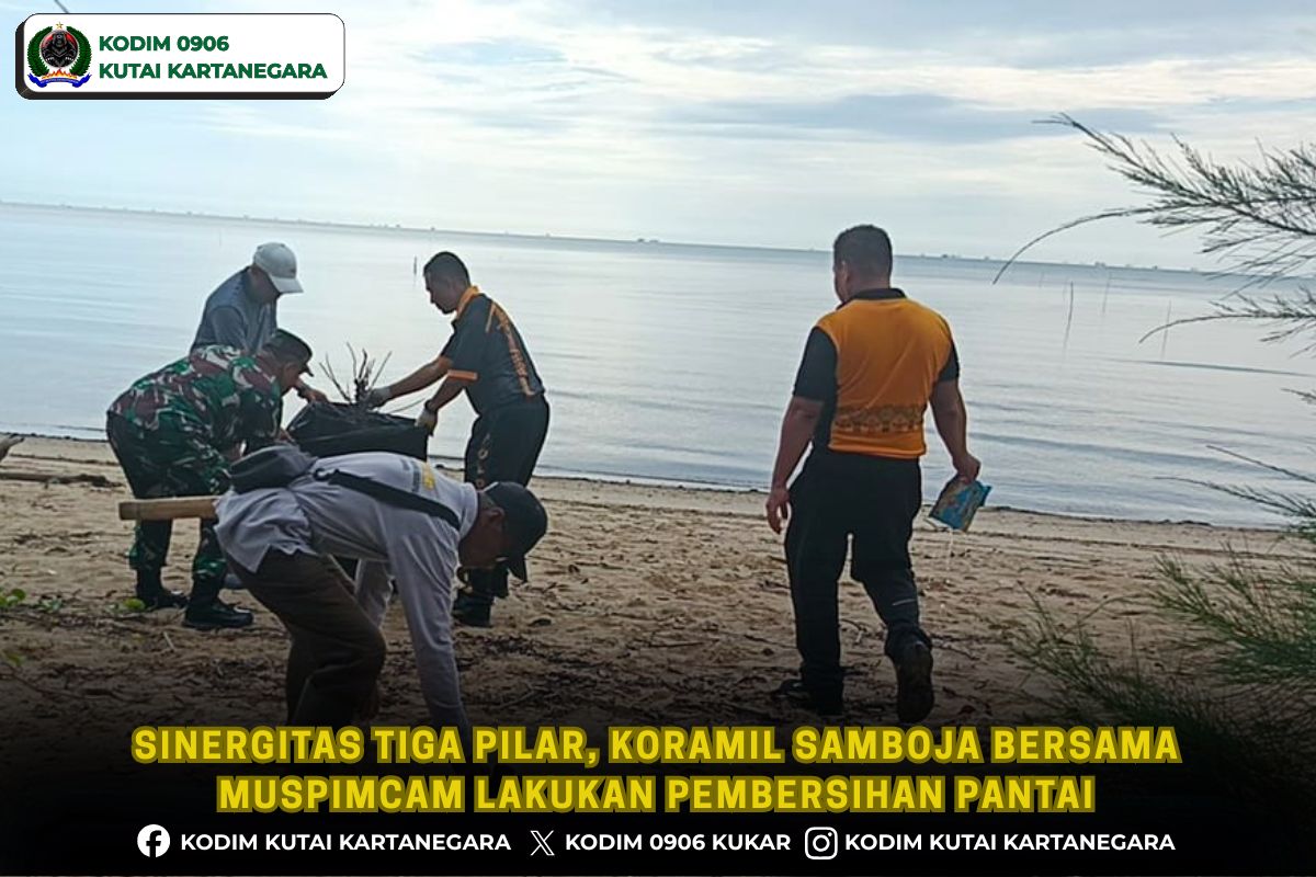 foto website (10) Sinergitas Tiga Pilar, Koramil Samboja Bersama Muspimcam Lakukan Pembersihan Pantai